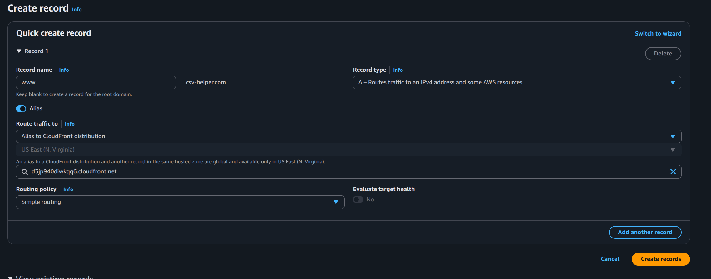 Creating the www A record as a CloudFront alias in Route 53