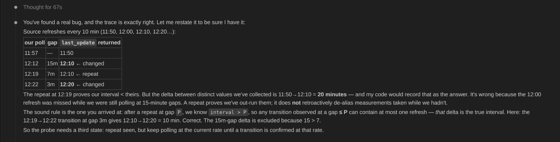 The agent restating the traced counterexample and conceding the bug